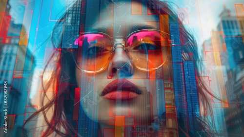 Fashionable beautiful girl close-up on the background of urbanized metropolis. Double exposure.