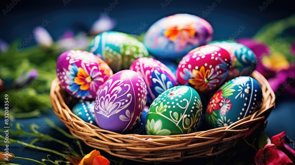 colorful easter eggs in basket . With copy space colorful easter eggs in basket . With copy space