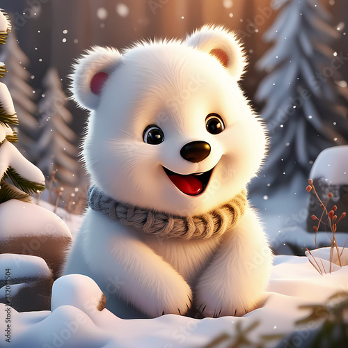 cute baby snow bear in the snow, smiling cartoon illustration