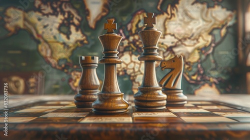 Two chess pieces on a global map, digital 3D rendering, realistic texture, high detail, vivid colors, strategic and analytical 8K , high-resolution, ultra HD,up32K HD photo