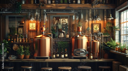 interior of a distillery with copper stills and wooden barrels