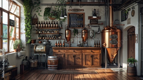 interior of a traditional brewery with wooden barrels and copper vats photo