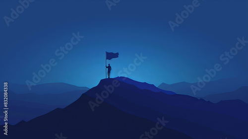 Silhouette of man standing on mountain peak with flag at dusk photo