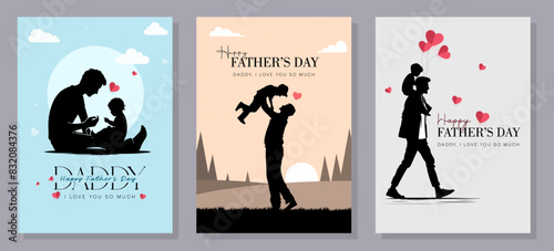 Happy Father's Day with dad and children silhouettes. Vector greeting card with a nice message of Father's Day. 
