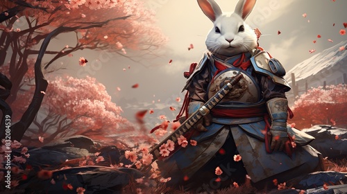 A rabbit wearing samurai armor is standing in a field of cherry blossoms, holding a sword.

 photo