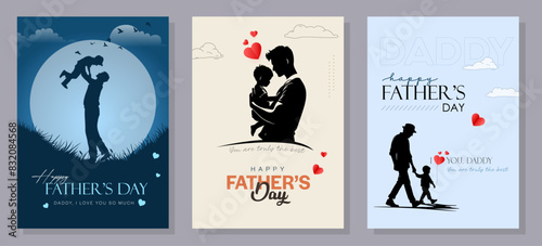 Happy Father's Day with dad and children silhouettes. Vector greeting card with a nice message of Father's Day. 
