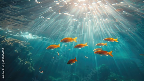 Sunlight rays penetrating the ocean a group of golden fish view from beneath the water photo