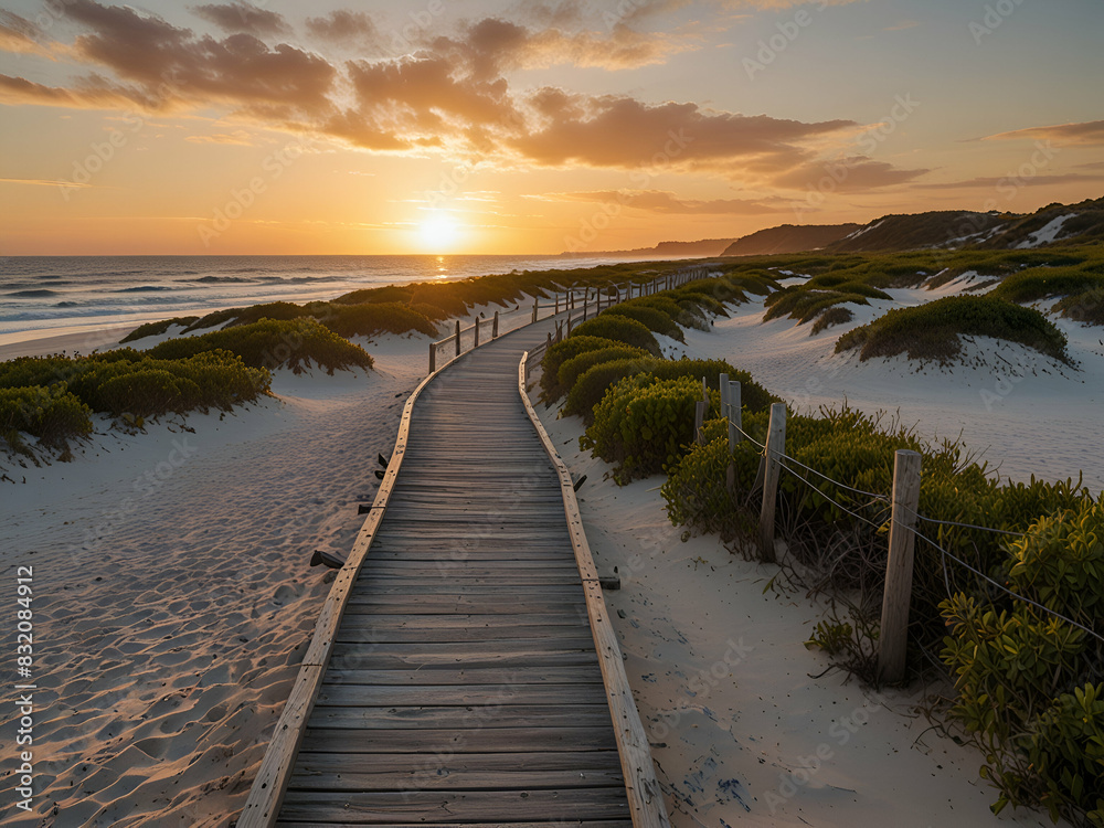 Long boardwalk to sunset beach, tranquil path flanked by shrubs, leading to white sands and ocean vistas. Long boardwalk to sunset beach, tranquil path flanked by shrubs, leading to white sands and ocean vistas.