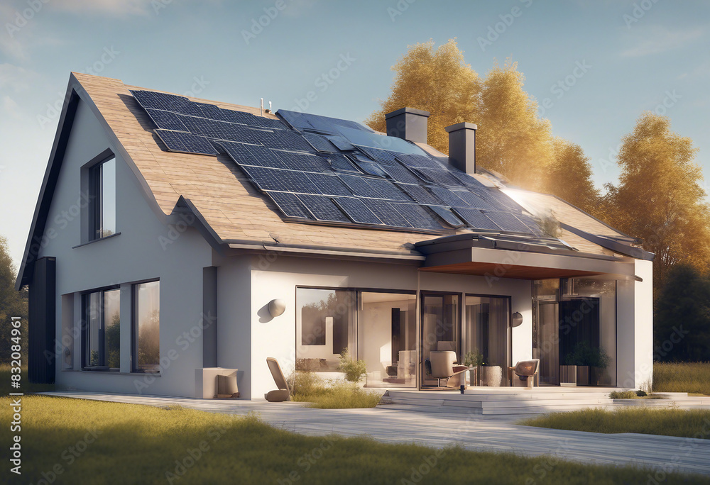 New suburban house with a photovoltaic system on the roof Modern eco ...