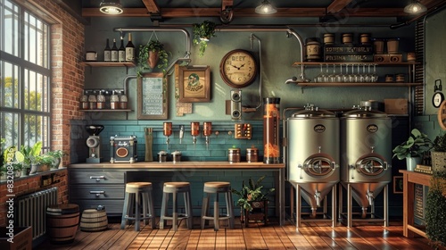 Rustic kitchen interior with a large wooden table, a clock, and shelves with various objects on the walls. photo