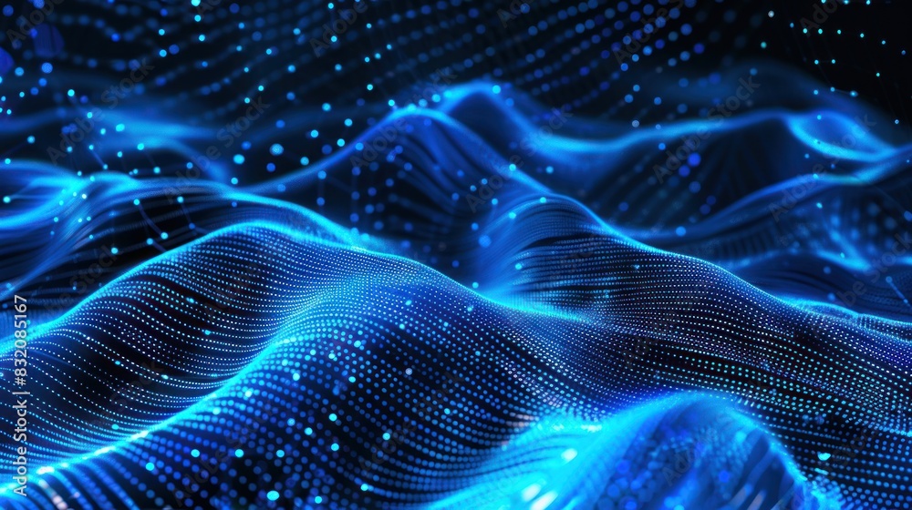 Abstract blue gradient hologram dynamic wave of particles. Digital wallpaper technology background