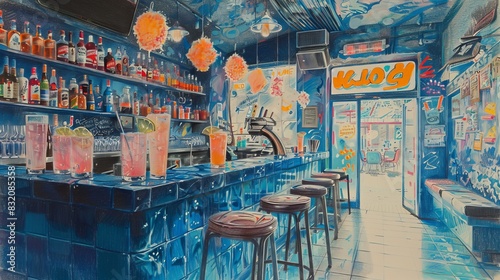 The image is a watercolor painting of a bar interior