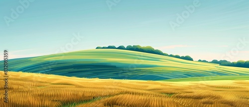 Green and golden fields meeting at the horizon with a blue sky backdrop  digital illustration  vibrant colors  minimalistic  clean lines 8K   high-resolution  ultra HD up32K HD