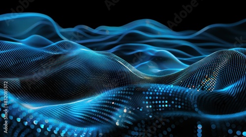 Abstract blue gradient hologram dynamic wave of particles. Digital wallpaper technology background