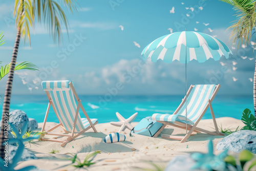 Serene tropical beach vacation with striped chairs and umbrella