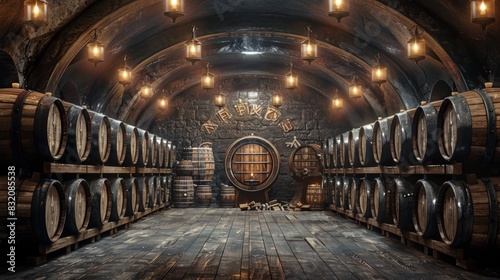 The image shows a dark and mysterious wine cellar with wooden barrels and dim lighting. photo
