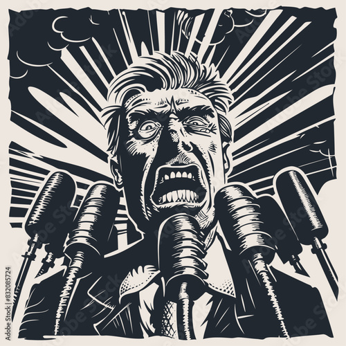 Aggressive politician at press conference, vector illustration