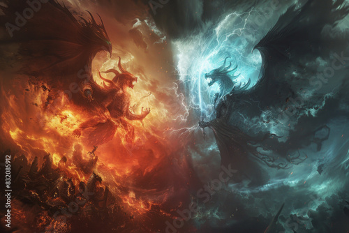 Epic battle between fire demon and ice angel in fantasy artwork