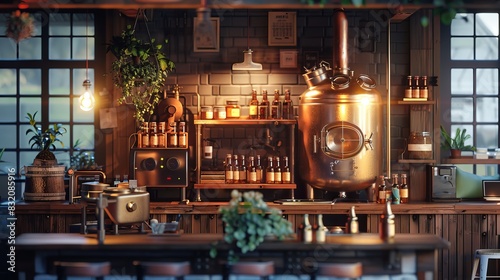 The interior of a bar or restaurant with a copper still and wooden shelves stocked with bottles of liquor.