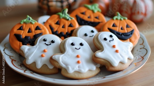 Plate with Halloween themed cookies decorated as pumpkins and ghosts