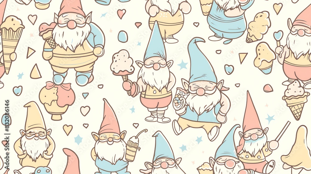 Seamless pattern of pastel-colored gnomes holding coffee cups among leaves, creating a whimsical and cozy design Seamless pattern of pastel-colored gnomes holding coffee cups among leaves, creating a whimsical and cozy design
