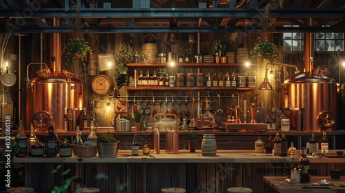 The interior of a bar with shelves of bottles and copper stills. © pornchan