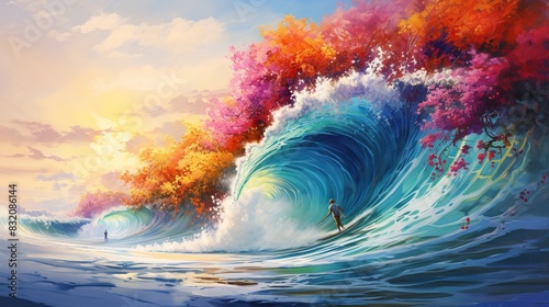 a painting of a man surfing on a big wave.  © Muzamil