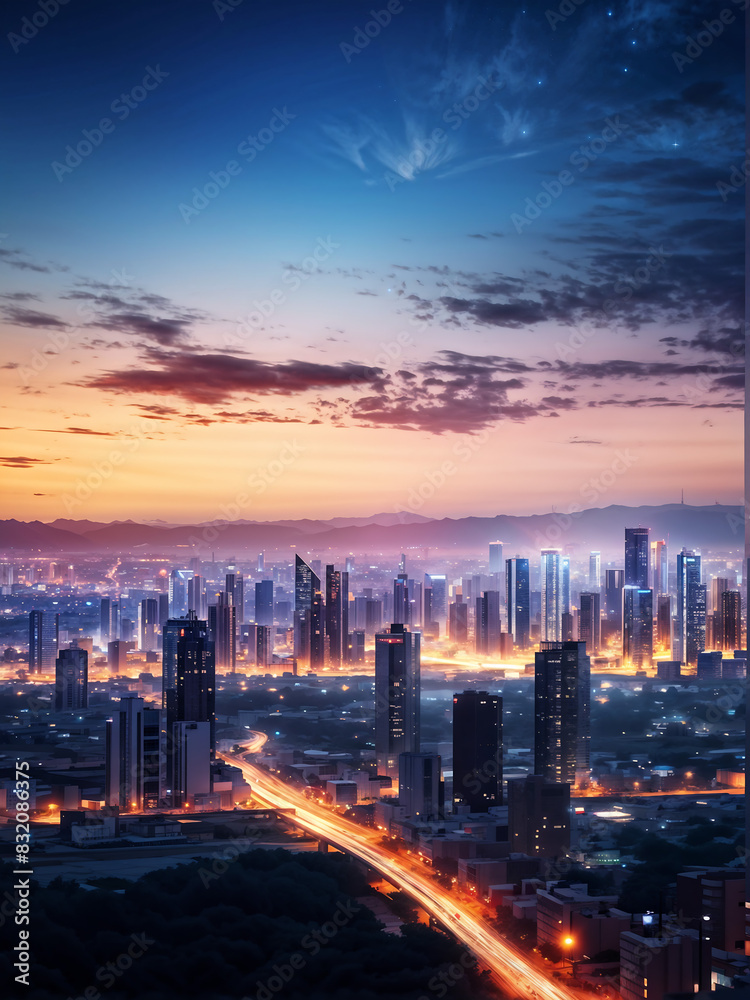 Obraz premium Bright glowing lights of district in megapolis under dusk sky in evening on blurred background