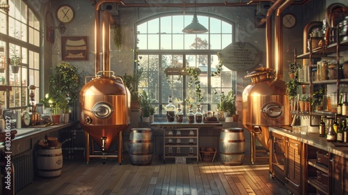 The interior of a distillery with copper stills and barrels.