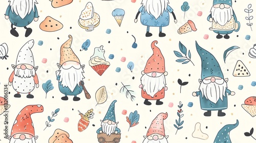 Seamless pattern of hand-drawn pastel-colored leaves and branches, creating a soft and natural design