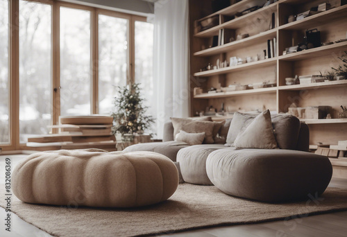 Sofa and poufs against fireplace and wooden shelving units Scandinavian home interior design © ArtisticLens