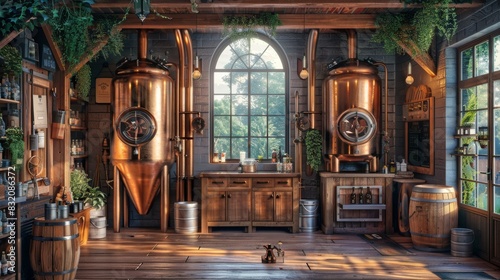 The interior of a distillery with copper stills and wooden barrels. photo