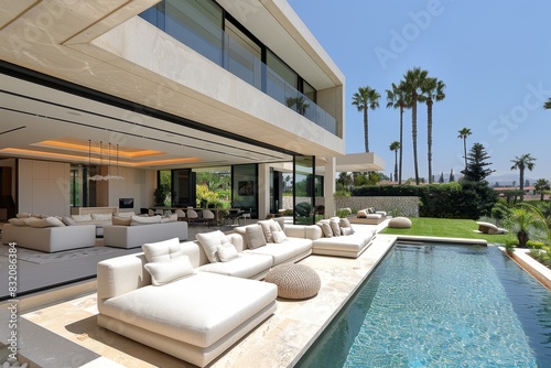 Luxurious outdoor poolside seating area with modern white sofas  palm trees  and a bright sunny day  perfect for relaxation