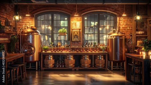 The interior of a modern brewery with large metal vats and a bar counter.