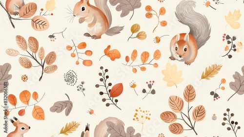 Soft pastel-colored seamless pattern with hand-drawn leaves, small flowers, and squirrels, showcasing a harmonious and whimsical design
