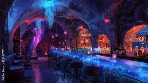 The interior of a nightclub. The bar is lit up with blue lights and there are people dancing on the dance floor. photo