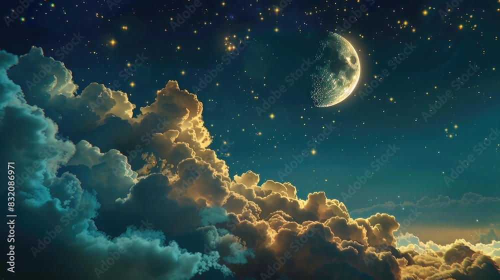 Fototapeta premium Sleep peacefully dream under a sleeping moon cloud and stars