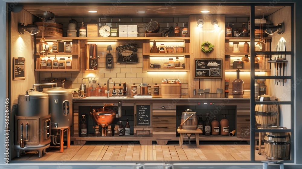 The photo shows a bar counter with a variety of bottles and glasses