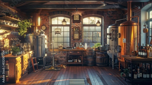 The photo shows a beautiful rustic kitchen with a large wooden table, a fireplace, and a view of the forest outside. © pornchan