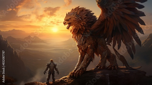 A winged lion and a regular lion are standing on a cliff. 