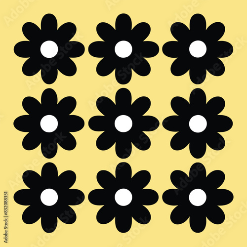 Set of Solid black Vector icon chamomile flower. Children's creativity