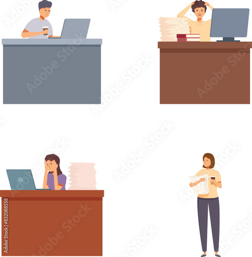 Illustrations depicting employees with various reactions while working on computers, showing diverse office scenarios