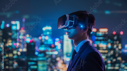 virtual reality experience with businessman and night cityscape in background photo