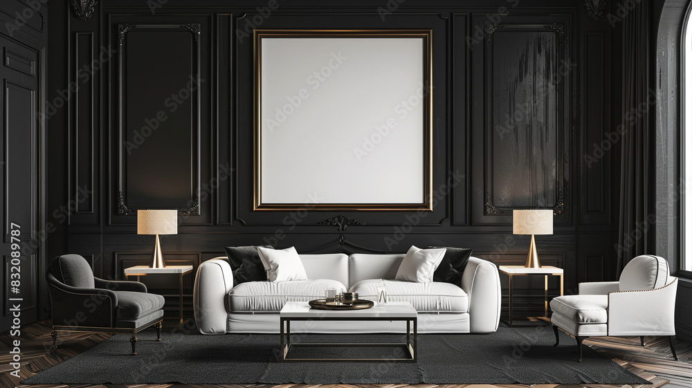 A large blank picture frame hanging on the wall of living room with black walls A large blank picture frame hanging on the wall of living room with black walls