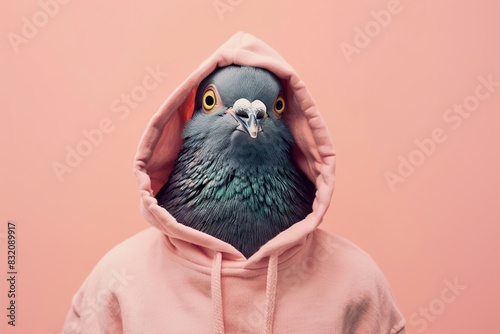 Dove with a elegant pink hoody on a solid studio pink color background with copy space for your text. Cute funny pigeon dressed fashion clothes, hawaiian shirt. Humor, summer concept.