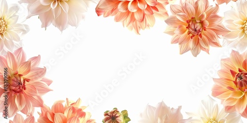 Flowers composition. Flat lay Top view. Border frame made of magenta  peach fuzz  red dahlia isolated white background. Vivid pink flowerheads. Beautiful backdrop for design. Floral assorted dahlias
