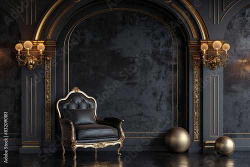 luxury black interior design with armchair and arch wall background mock up scene
