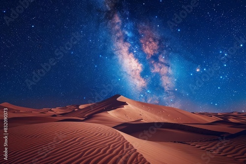 Rolling desert dunes with a starry night sky above, highlighting the contrasting beauty of the arid landscape and the cosmos