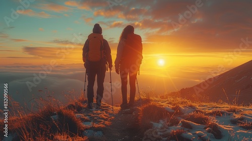 Two hikers standing on a mountaintop watching the sunset.