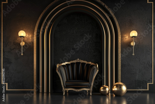 luxury black interior design with armchair and arch wall background mock up scene photo